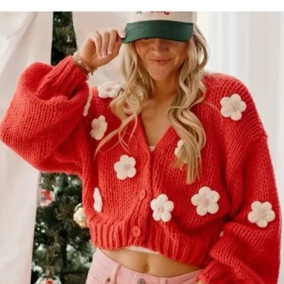 Luna Ivy Sweaters - Luna Ivy Cozy Red Floral Knit Cardigan